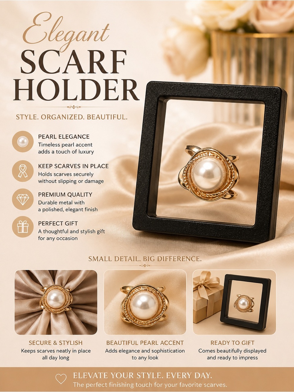 Elegant Pearl Accent Scarf Holder - Gold and Pearl